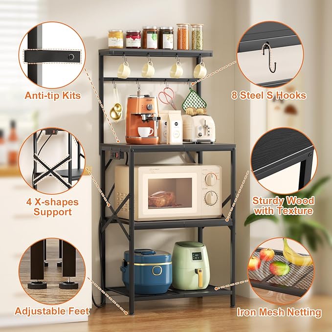 Kitchen Bakers Rack with Power Outlet, Coffee Bar Table 4 Tiers, Microwave Stand with 8 Hooks, Coffee Station and Organizer, Kitchen Storage Shelves Rack for Spices, Pots, Black