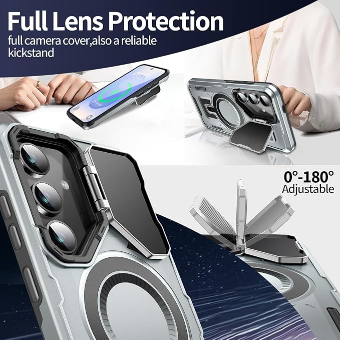 Camera Stand Case for Galaxy S24/S25, [Compatible with Mag Safe][Lens Cover] 2024 Version Military Grade Protective Soft Case for Samsung Galaxy S24/S25 6.2" Men Women, Grey