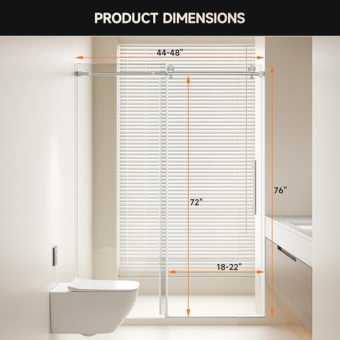Frameless Shower Door, 44-48" W x 76" H 8mm Single Sliding Shower Door with 5/16" Clear Tempered Glass, Bathroom Glass Door for Walk-in Shower, Brushed Nickel