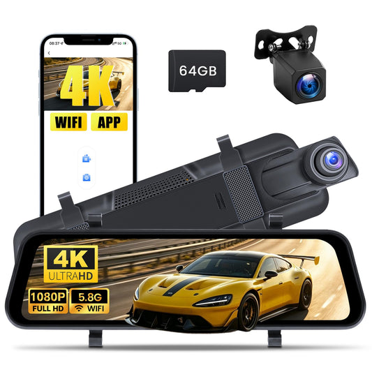 9.66" Mirror Dash Cam 4K+1080P, IPS Touch Screen, Streaming Rearview, WiFi