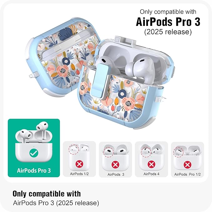 WENEW for AirPods Pro 3 Case (2025) Cover Secure Lock Automatic Snap Switch Clip Cleaner Kit Lanyard Women Stylish Flower Hard Shell Full Body Front LED Visible (Blue, AirPods Pro 3)