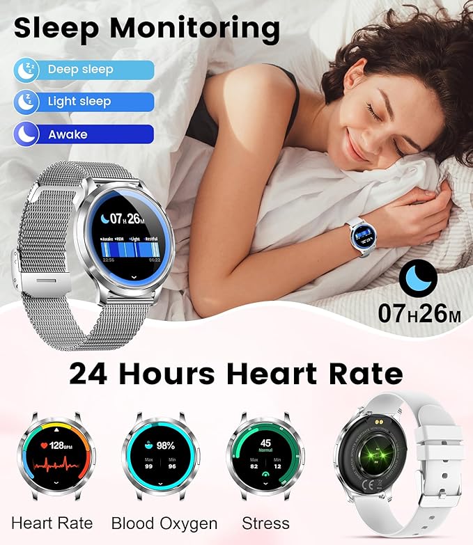 DREMAC Smart Watch(Make Call/Thin),1.32'' Amoled Curved Display for Android iPhone,Smart Watches for Women with Heart Rate Monitor,Sleep Monitor,Pedometer,IP68 Waterproof Fitness Tracker,Silver Metal