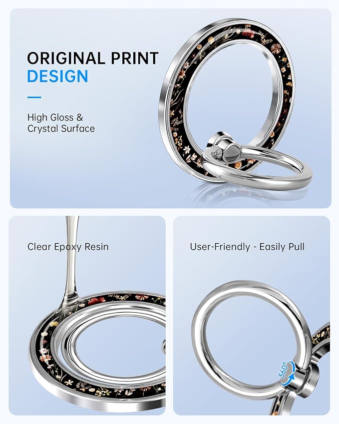 Magnetic Phone Ring Holder Compatible with MagSafe - Cell Phone Grip Magnet Removable Finger Ring Grip Stand Cute Kawaii Design for iPhone 17 Pro Max 16 15 14 13 12 Series Retro Grow Flower