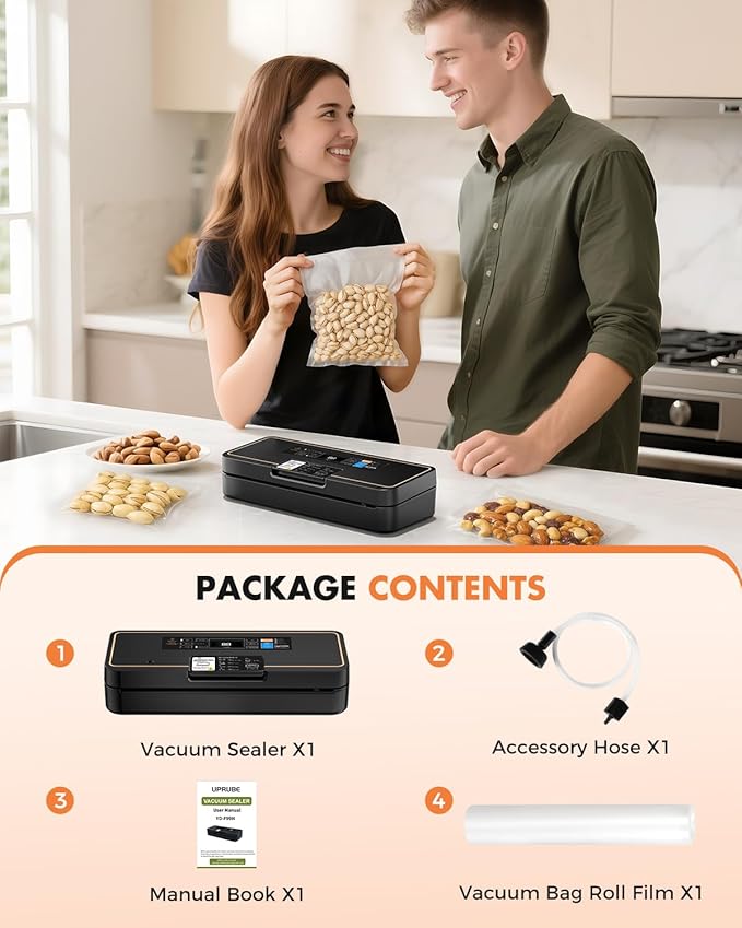 Vacuum Sealer for Food, 95kPa Food Vacuum Saver Sealer Machine, 135W 12L/min Fast-Sealing with Auto Tear-Cut,Digital Timer, Built-in Cutter, Bag Storage and One Bag Roll, 9-in-1 Compact Vacuum Sealer