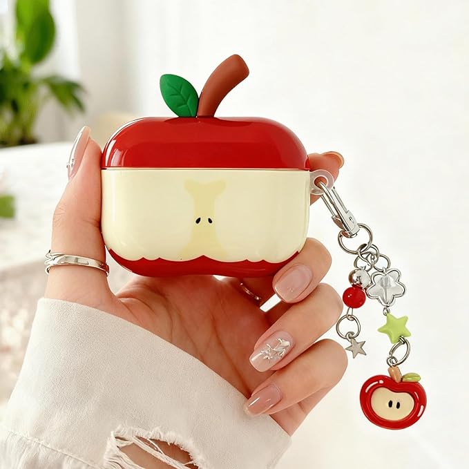 for AirPods Pro 3 Case 2025 - Cute 3D Red Apple Design with Apple Pendant Keychain,Soft Shockproof Silicone Cover, for Girls Women