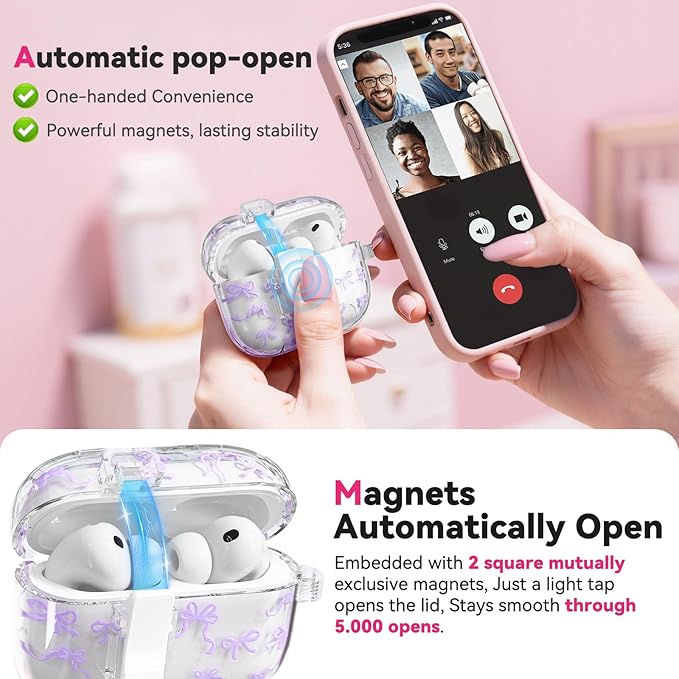 for AirPods Pro 3 Case with Secure Lock & Phone Stand, Bow-Print Clear Case for Apple AirPods Pro 3rd Generation 2025 Cover with Cleaner Keychain for Women Girly (Purple, Airpods Pro 3 (2025))
