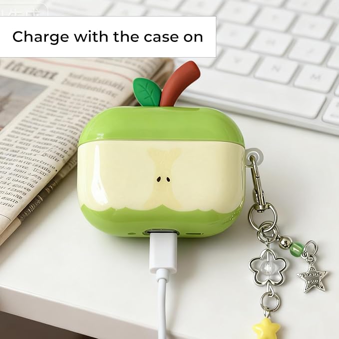 for AirPods Pro 3 Case 2025 - Cute 3D Green Apple Design with Apple Pendant Keychain,Soft Shockproof Silicone Cover, for Girls Women