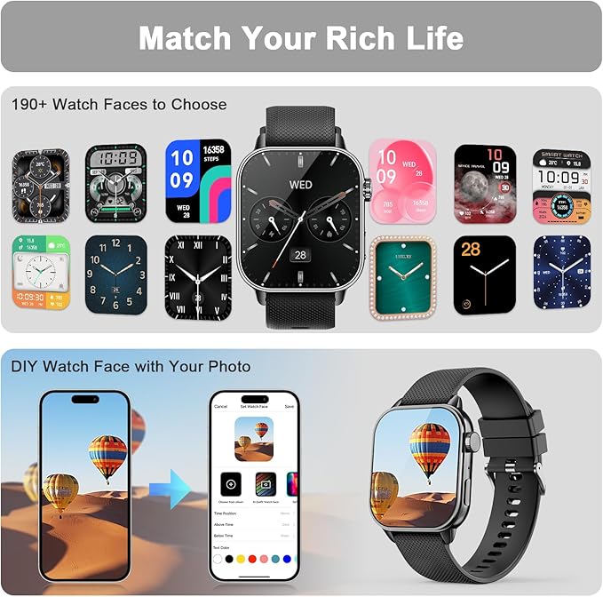 Smart Watch for Men Women, 1.85'' AMOLED HD Fitness Watch with 120+ Sports Modes, Bluetooth Call/Heart Rate/Sleep Monitor/Pedometer, Smartwatch for Android iOS, IP68 Waterproof, Light Black