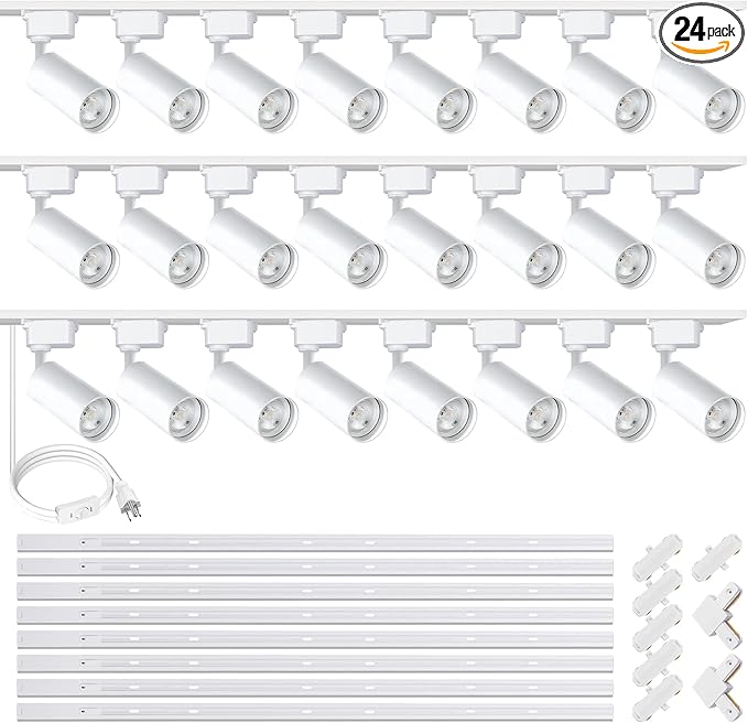 J&L Type Track Lighting Complete Kit 6000K Cool White Lights 25 W Plug in LED Track Lighting Complete Kits 24 Packs Extra Brightness with Extra 26.24FT Rails