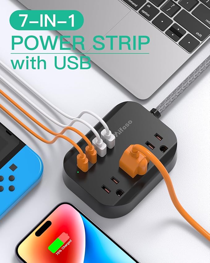 Travel Essentials - 1Ft Power Strip with USB, Compact Flat Plug Extension Cord with 3 Outlets 4 USB Ports, Non Surge Cruise Must Haves, Cruise Ship Essentials, Dorm Room, Apartment Essentials