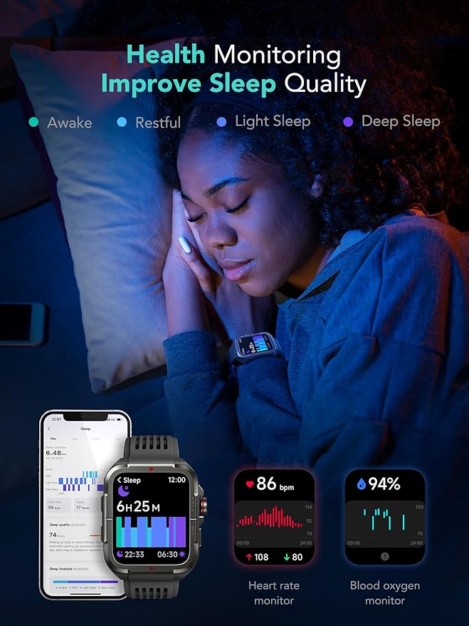 SKG Smart Watch for Men Women, 1.8" Men's Military Smartwatch for Android iPhone with Alexa Built-in, IP68 Waterproof, Fitness Tracker with 100+ Sports, R8