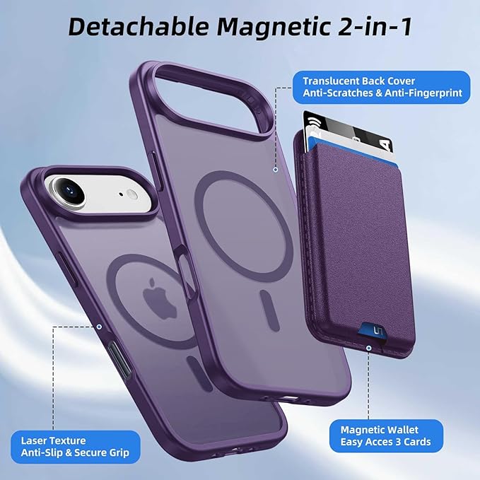 Magnetic for iPhone Air Case & iPhone 17 Air Case with Detachable Wallet, Compatible with MagSafe, Military Protective Slim Phone Cover with Card Holder, Purple