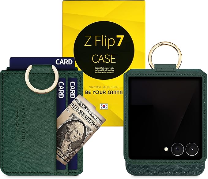[BeYourSanta] Galaxy Z Flip 7 Case with Ring - Avant-Garde Handmade Saffiano Vegan Leather Case, Anti-Scratch Hinge Protection, Made in Korea (3 Pockets, Deep Green)