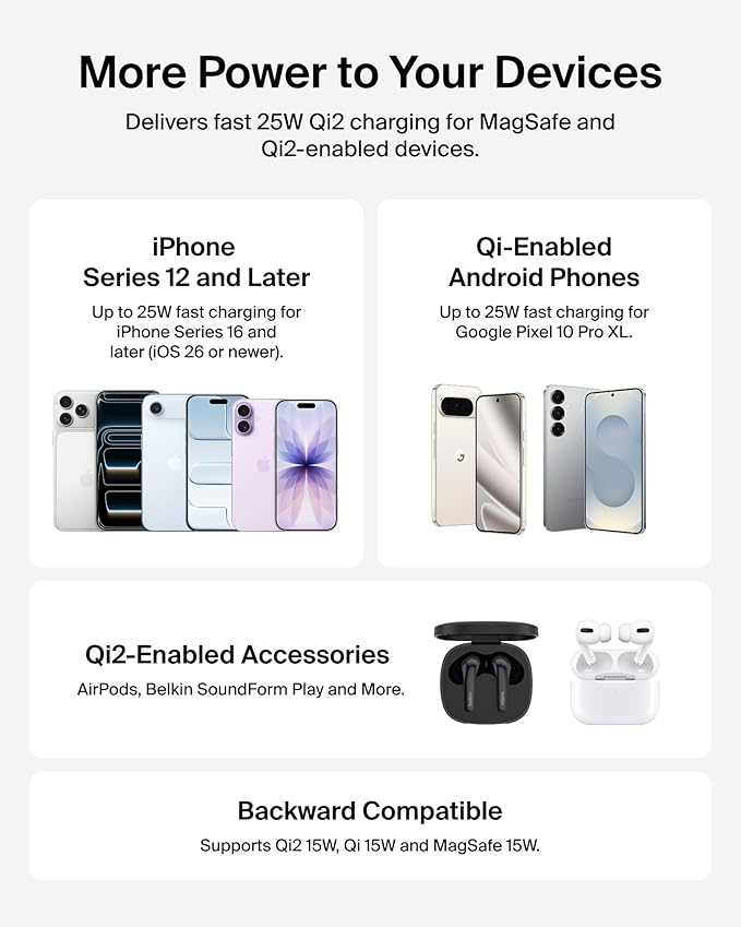 Belkin MagSafe Charger, Magnetic iPhone Charger w/ Qi2 25W, Fast Wireless Charging Pad w/Kickstand for iPhone 17 Series, Samsung Galaxy, Pixel 10, AirPods Pro, Travel - Adapter Included, White