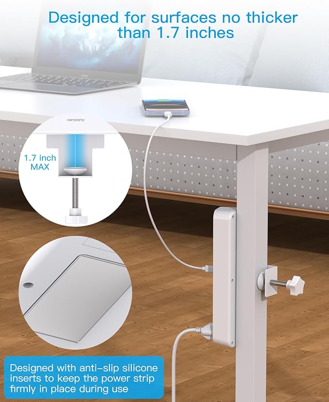 Desk Clamp Power Strip with PD30W USB-C, HANYCONY 5Ft Extension Cord, Desk Edge Mount Charging Station, Surge Protector with 4 Outlets 4 USB Ports(2 USB C), Home Office Accessories Essentials, White