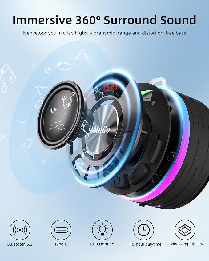 MuGo Shower Bluetooth Speaker Waterproof IPX7, 360° HD Stereo Sound Bathroom Speaker Bluetooth 5.3 with RGB Lights, Suction Cup and Microphone, Mini Shower Radio for Home/Party/Outdoor