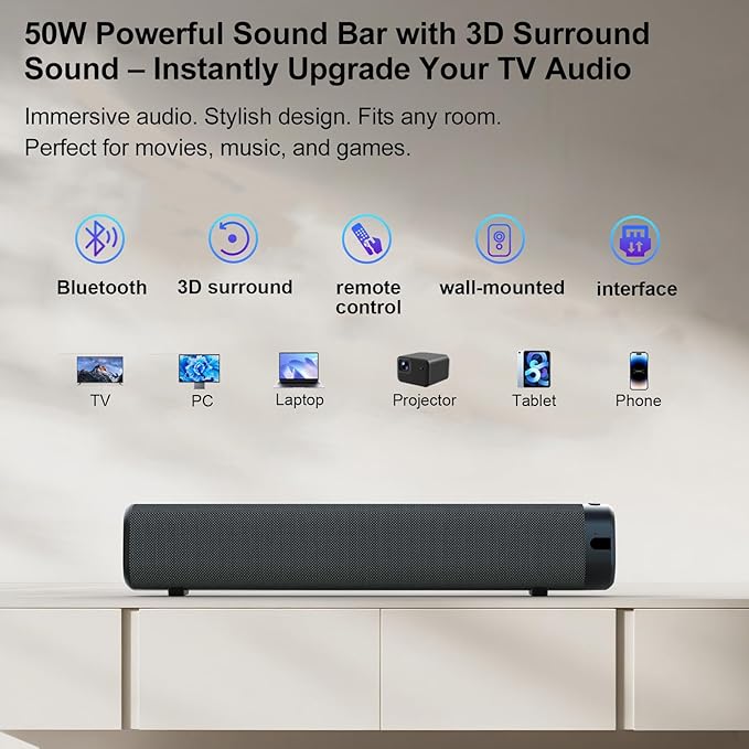 Sound Bar – 50W, Sound Bar for Smart TV, Sound Bar with Bluetooth 5.0, Optical/AUX Connectivity, Remote Control, Wall-Mountable Home Theater Audio, Compatible with TV, PC, and Phone