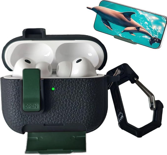 for Leather AirPods Pro 3 Case 2025| Cute Air Pods Pro 3 Case with Lock(Model A2700/A2931) | with Phone Holder & Keychain | Airpods 3 Pro Cases for Man Women(Green Black)