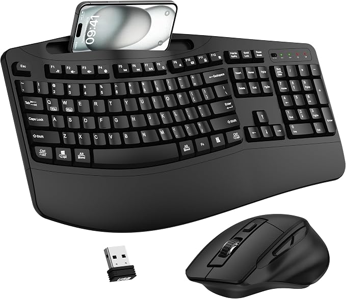Wireless Keyboard and Mouse Combo, 2.4G Ergonomic Wave Keys(Black)