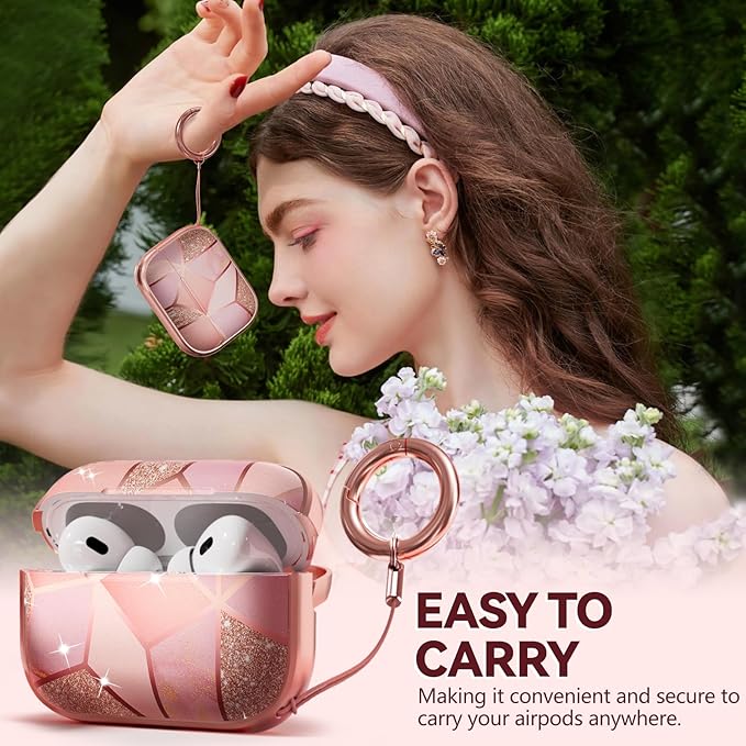 Inesore for AirPods Pro 2nd Generation Case Cover with Lock, Flowers Cute Air Pods Pro 2 Case Hard iPod Pro Cases for Women Girls with Cleaner Kit (2023 USB-C /2022/2019) -Pink Gold Marble