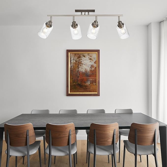4-Light Brushed Nickel Kitchen Track Lighting Fixtures Ceiling Mount Track Lighting Kit with Bubble Seeded Glass Shade Modern Bathroom Tracking Vanity Lights Ceiling Tracking Accent Shop Light
