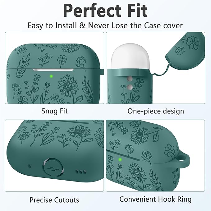 Hamile for AirPods Pro 2nd/1st Generation Case with Cleaner Kit & Keychain, Cute Flower Engraved Soft Silicone Protective AirPods Pro Case Cover for Apple AirPods Pro Case 2nd/1st Gen, Pine Green