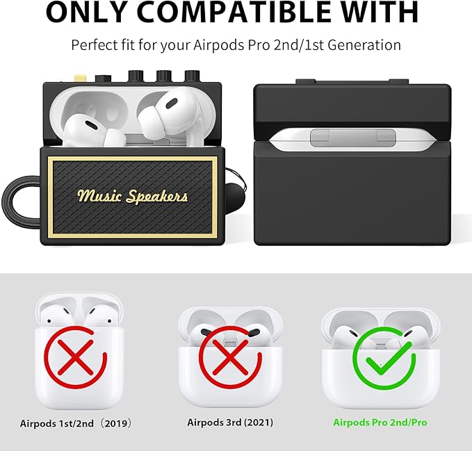 FILOTO AirPods Pro 2nd Generation Case Cover with Cleaner Kit, Airpod pro case Guitar amp Retro Audio Design Soft Silicone Protective Cover for AirPods Pro 2 Case with Lanyard (2023/2022) Black