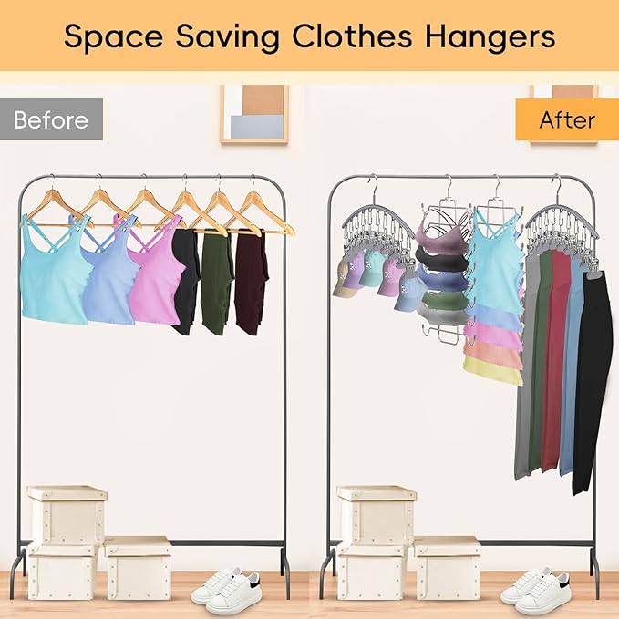 TomCare 2 Pack Tank Top Hanger and 2 Pack Leggings Organizers Space Saving Sport Bras Organizer Metal Yoga Pants Hangers with 20 Clips Hanging Closet Organizers and Storage, Grey