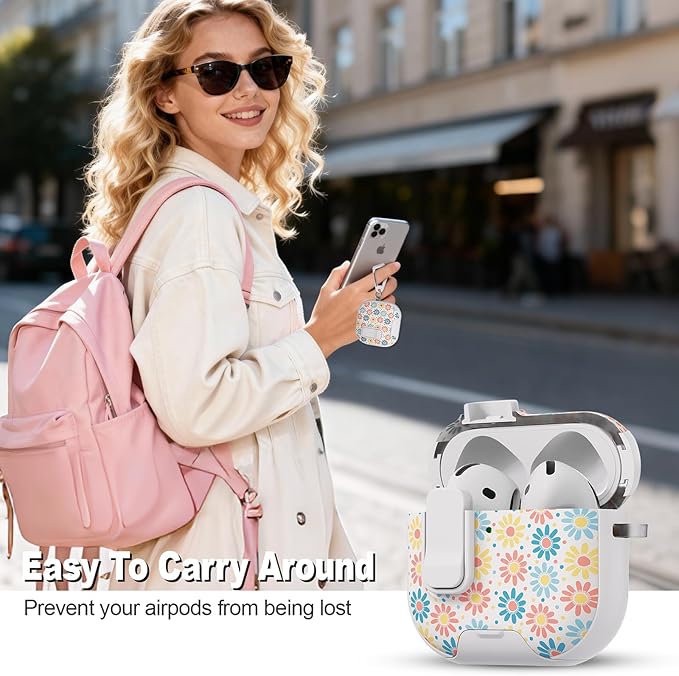 for AirPods 4 Case with Secure Lock Clip in Phone Stand,Floral Girly Style Protective Cover with Cleaning Kit and Hand Strap for Apple AirPod 4 Generation (Sun Petals)