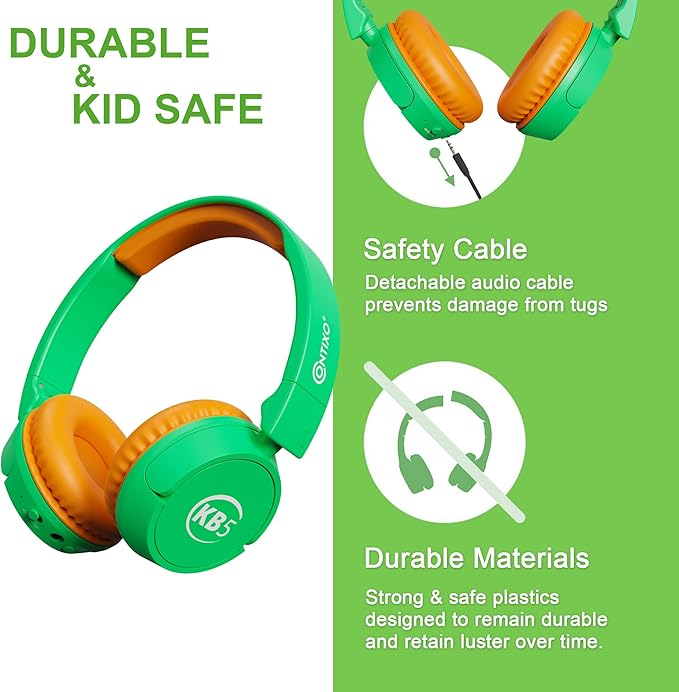 Contixo KB-5 Kids Headphones - Over The Ear Foldable Bluetooth Wireless Headphone for Kids - 85dB with Volume Limited - Toddler Headphones for Boys and Girls (Green+Orange)