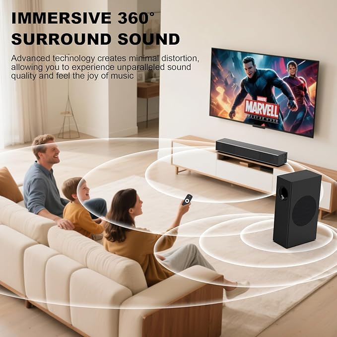 120W Sound Bar, 2.1 ch Surround Sound System for TV, Soundbar with Subwoofer for Home Theater, Sound Bar for Smart TV with 2 Mid high Frequency Speaker, TV/Gaming/Projectors, Wall Mountable