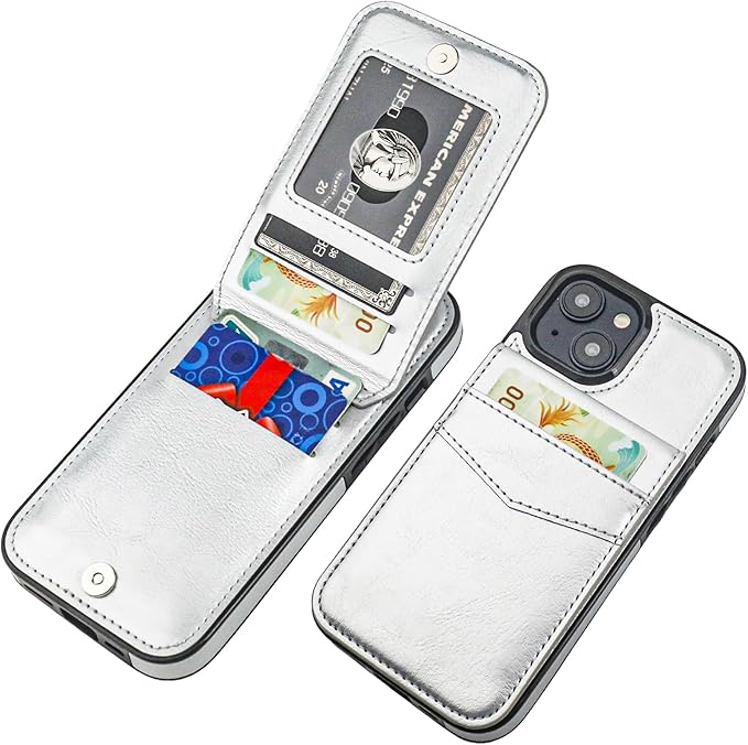 KIHUWEY Compatible with iPhone 15 Case Wallet with Credit Card Holder, Flip Premium Leather Magnetic Clasp Kickstand Heavy Duty Protective Cover for iPhone 15 6.1 Inch (Silver)