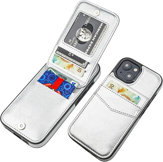 KIHUWEY Compatible with iPhone 15 Case Wallet with Credit Card Holder, Flip Premium Leather Magnetic Clasp Kickstand Heavy Duty Protective Cover for iPhone 15 6.1 Inch (Silver)