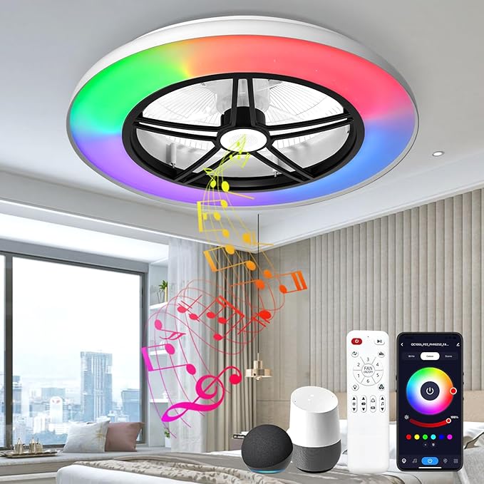 BAYSQUIRREL WiFi Low Profile Ceiling Fan with Light,Bluetooth Speaker Ceiling Fan 20In Smart Bladeless Ceiling Fans with Alexa/Google Assistant/App Control,6 Speed Dimmable LED-RGB Lights