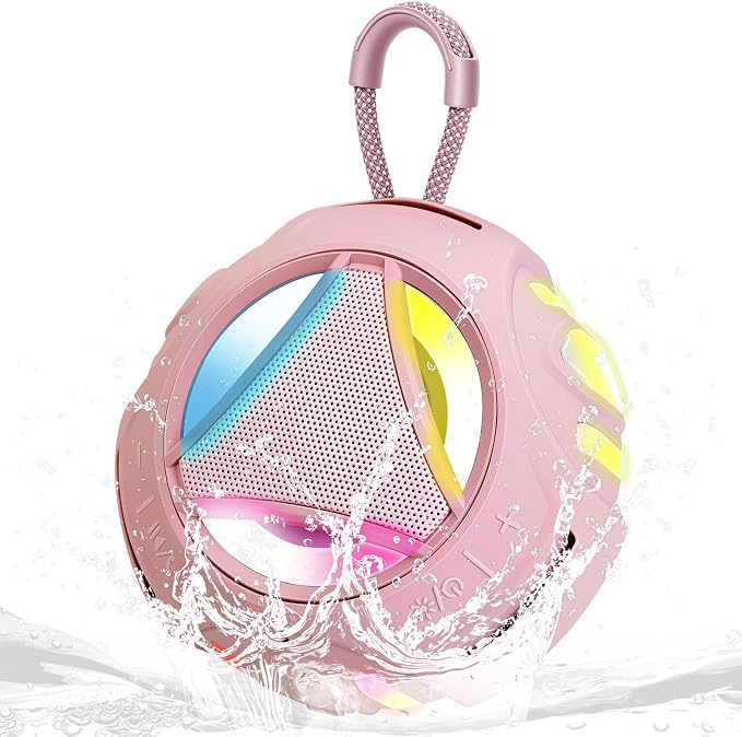 Portable Bluetooth Speaker, IPX7 Waterproof Wireless Outdoor Speakers, Mini Shower Speaker, Floating, Built-in Mic, 24H Playtime with LED Lights,Loud HD Sound, Powerful Bass, Gifts for Unisex - Pink