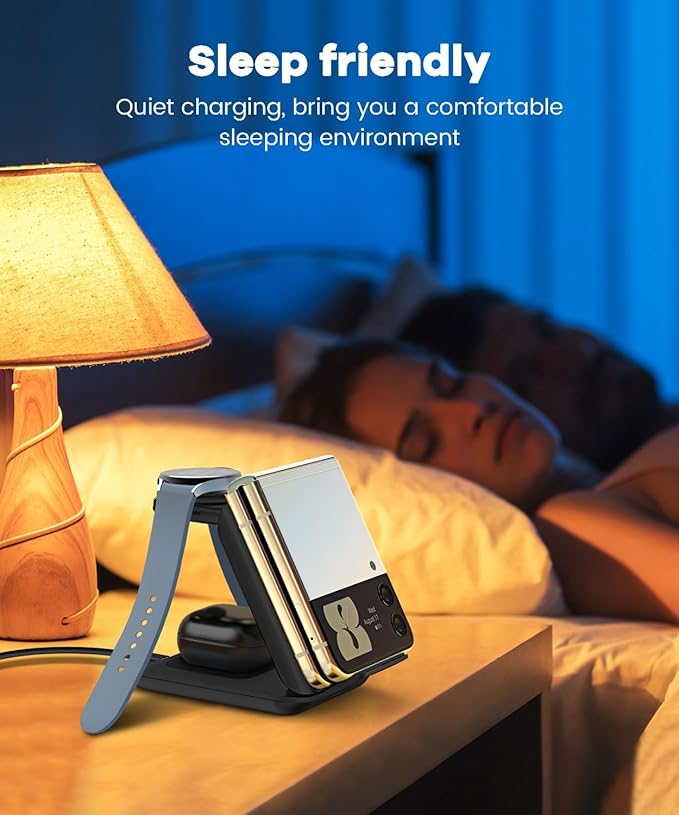 Samsung Galaxy Z Flip 3-in-1 Wireless Charging Station - Foldable 15W Fast Travel Charger Stand for z Flip 7/6/5/4/3, Razr+, Galaxy Watch & Buds 3/2 Pro/Live | PD20W Adapter Included | Black