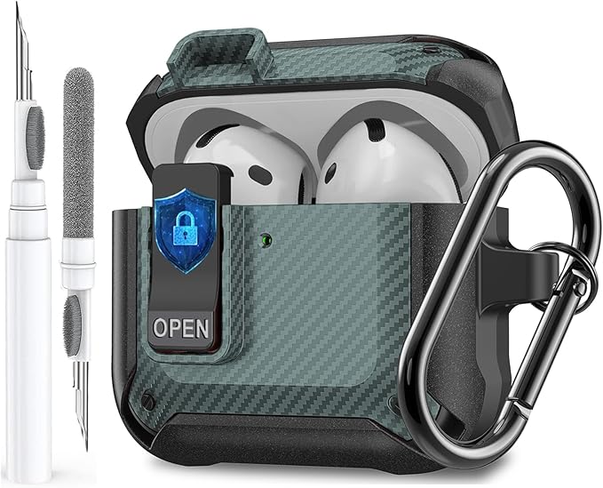 for Airpods 4 Case with Lock Clip, Rugged Apple Airpods 4th Generation Cover 2024 Men Women, Armor Shockproof iPod 4 Gen Protective Hard Shell with Carabiner&Cleaner kit,CF Black/Green