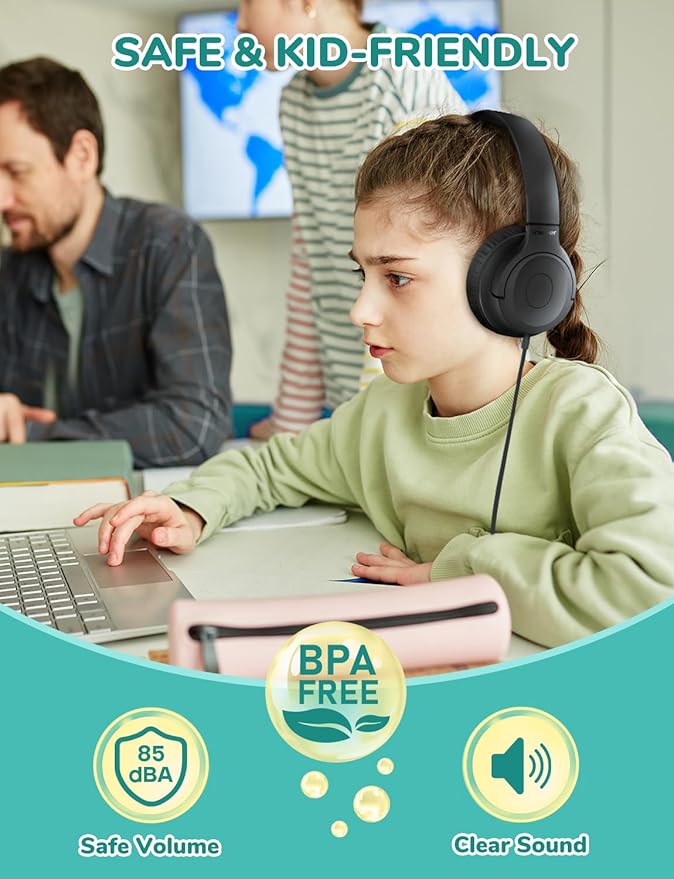 iClever Kids Headphones with Mic for School K-12, 85dBA Safe Volume, Tangle Free, 3.5mm Jack, HD Stereo, Swivel Folable Kids headphones with Cord for Classroom/Student/Tablets/Laptop, Bulk 5Pack Black