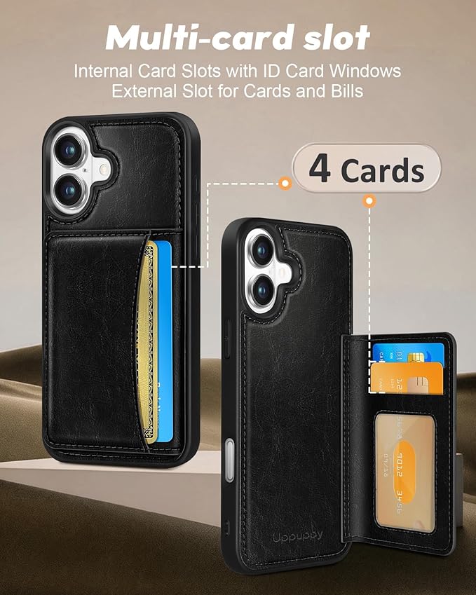 for iPhone 16 Plus Case with Wallet - Fits 4 Card Slots, Compatible with MagSafe for Women Men Aesthetic Durable PU Leather Credit Card Holder Kickstand Phone Cover for Apple 16 Plus, Black