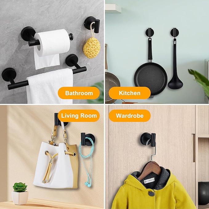 12 PCS Matte Black Round Towel Bar Set, Bathroom Towel Bar Set Include 24 inch,16 inch Towel Bar, Toilet Paper Holder, Towel Ring, Towel Hooks, Stainless Steel Bathroom Accessories Set