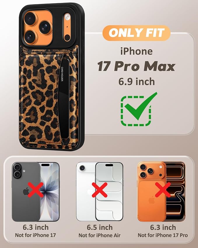 for iPhone 17 Pro Max Case with Wallet - Fits 4 Card Slots, Compatible with MagSafe for Women Aesthetic PU Leather Credit Card Holder Kickstand Phone Cover for Apple 17 Promax, Leopard Print