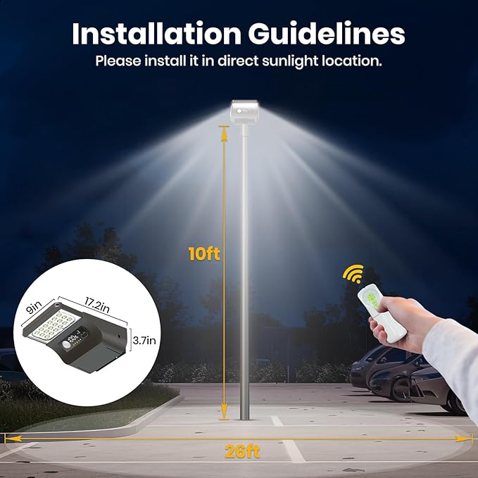Solar Street Lights Outdoor, 3000LM Solar Parking Lot Lights Dusk to Dawn with Rain Sensor IP65, 3000K 5700K Solars Flood Light with Motion Sensor for Road, Garage, Driveway(No Pole)