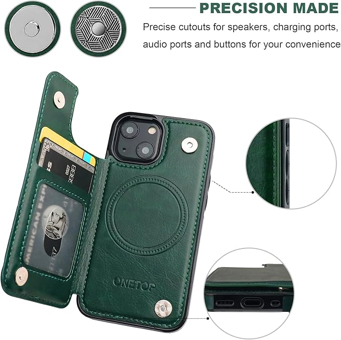 ONETOP Compatible with Magsafe for iPhone 13 Mini Wallet Case with Card Holder, PU Leather Kickstand RFID Blocking Case, Double Magnetic Clasp and Durable Shockproof Cover 5.4 Inch (Green)