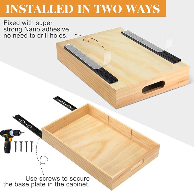 2 PCS Wood Pull Out Cabinet Organizers with Removable Dividers, 14''W x 21''D Nail-free Sliding Drawers with Adhesive Tape, Roll Out Shelves for Kitchen, Pantry, Office (Wood)