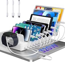 320W Charging Station for Multiple Devices, 10 Ports Fast Multi-Device Charger Organizer Compatible with MacBook Pro Laptop, iPhone, Android, Ipad, Tablet, Kindle, Family Multi-Device Charging Dock - Image 1
