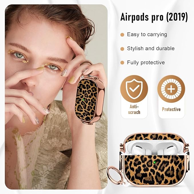 Maxjoy for Cute Airpods Pro 2 case with Safety Lock,Compatible Airpods Pro Case 2nd/1st Gen,for Leopard Print AirPods Case Cover for Women Girly with Keychain-Gold