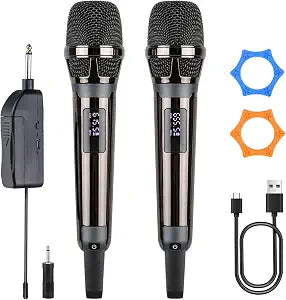 Wireless Microphones for Karaoke Singing, Professional Dual Cordless Mic System , 500ft Long Range Dual Handheld Cordless& LED Display, Dynamic Karaoke Microphone for Singing, DJ, Church, Party