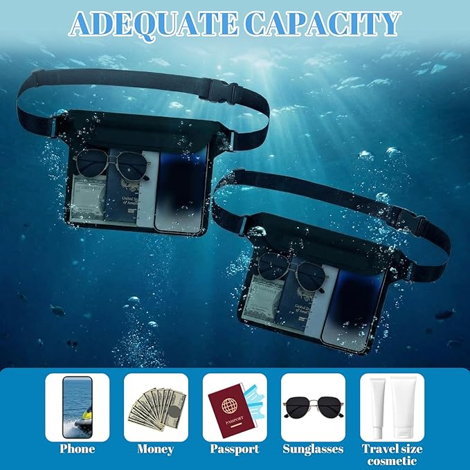 Tallew 6 Pcs Waterproof Pouch with Waist Strap Waterproof Fanny Pack Dry Bag for Phone Wallet Reusable Lightweight Belt Pouch for Beach Swimming Kayaking Boating Travel Water Activity (Black)
