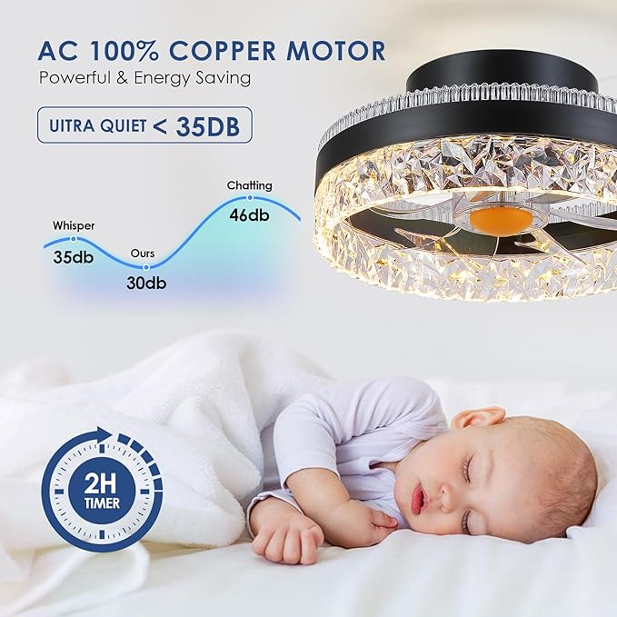 RGB Ceiling Fans with Lights Flush Mount - 13" Bladeless Small Fan Light with 6 Speeds, Reversible Motor, Modern Low Profile Ceiling Fan Light for Bedroom, Small Space, Party