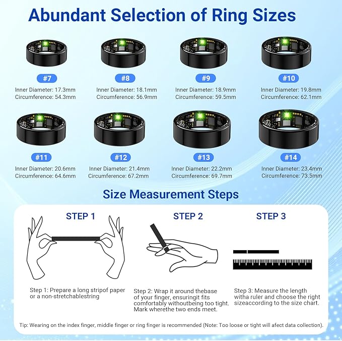 Health Rings for Women Men, Fitness Tracker with Heart Rate,Blood Oxygen, Blood Pressure, Sleep/Step Tracker, IP68 Waterproof Smart Ring for iPhone & Android (Black, 9#)